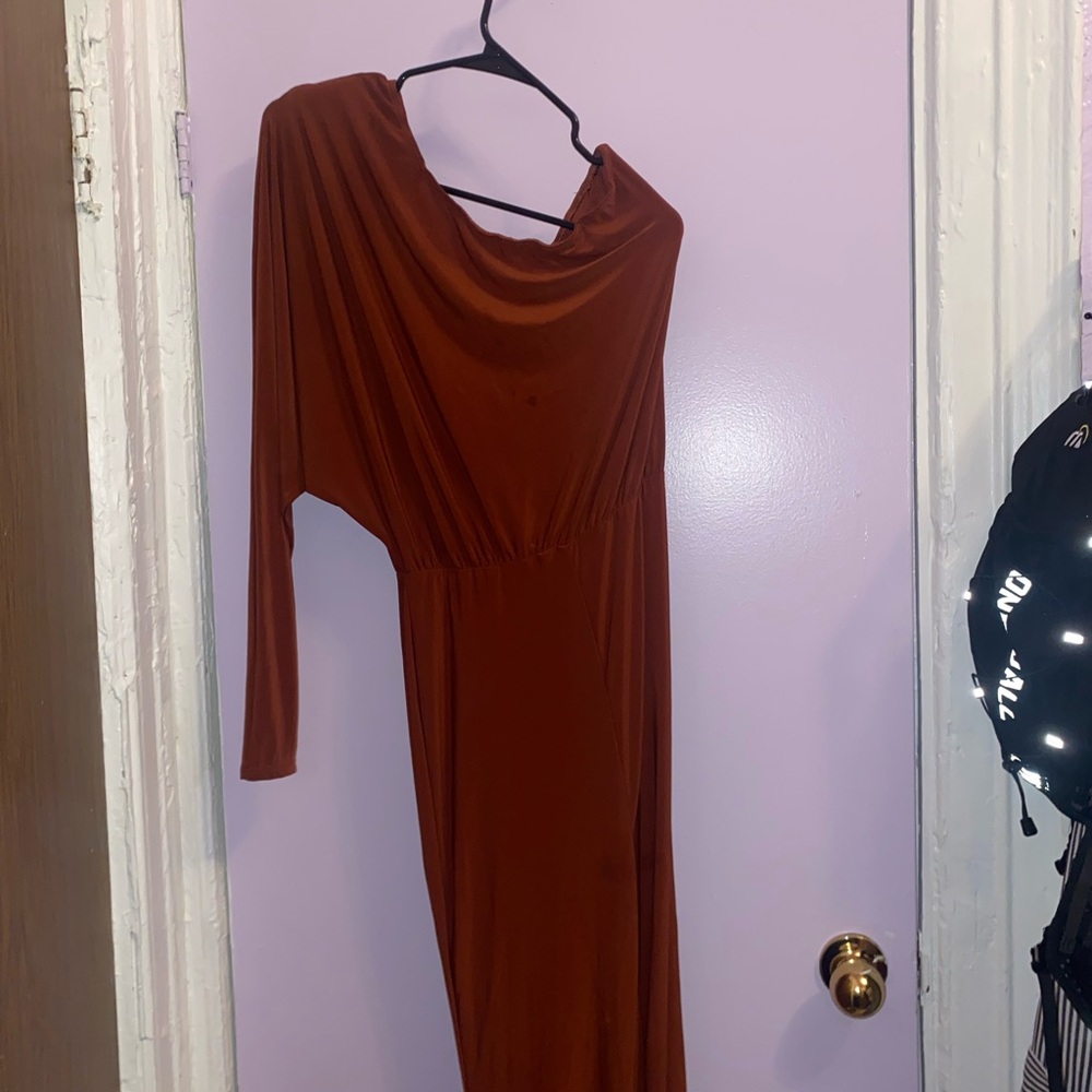 Fashion Nova Rust One-Shoulder Jumpsuit